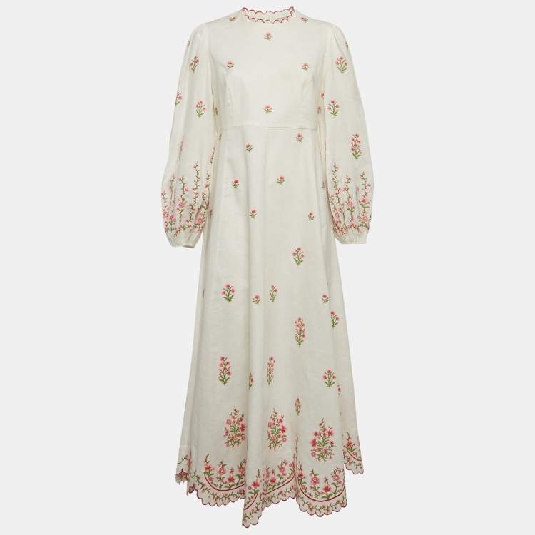 Pre Owned Zimmermann White Poppy Floral Embroidered Linen Scallop Midi Dress L