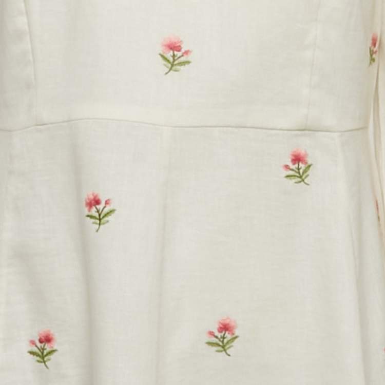 Pre Owned Zimmermann White Poppy Floral Embroidered Linen Scallop Midi Dress L