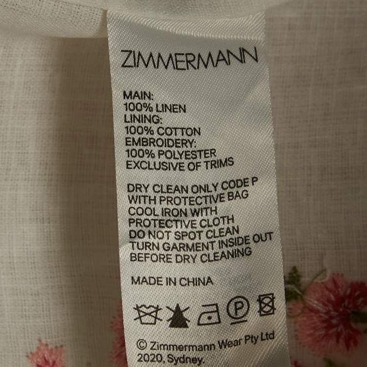 Pre Owned Zimmermann White Poppy Floral Embroidered Linen Scallop Midi Dress L