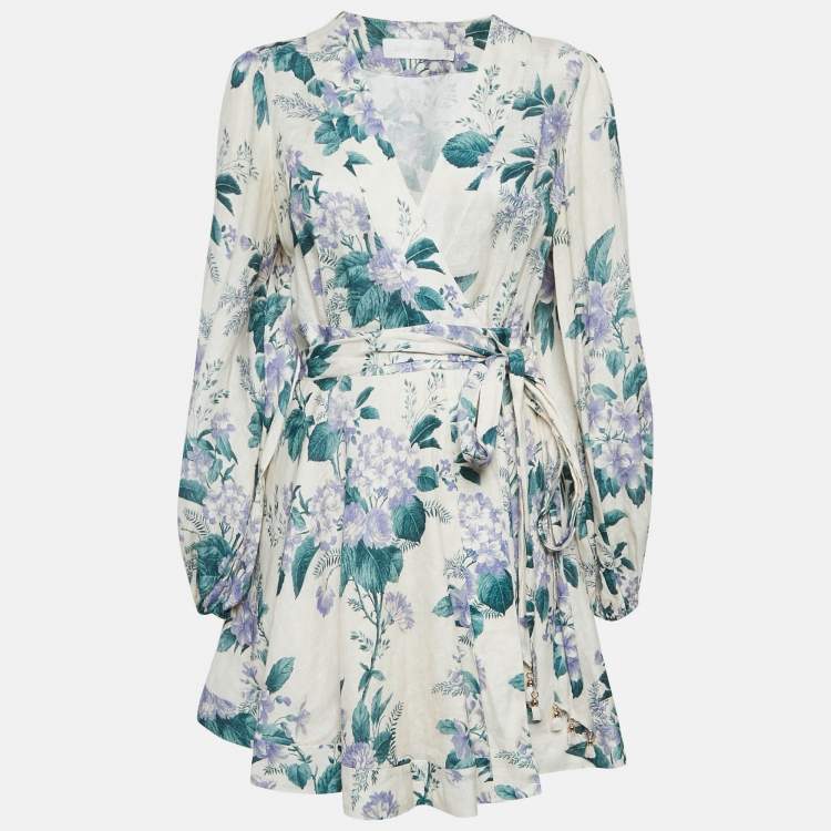 Pre Owned Zimmermann Off White Floral Print Linen Mini Wrap Dress L