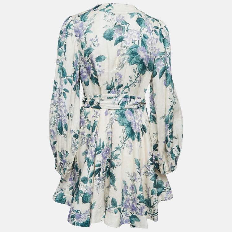 Pre Owned Zimmermann Off White Floral Print Linen Mini Wrap Dress L