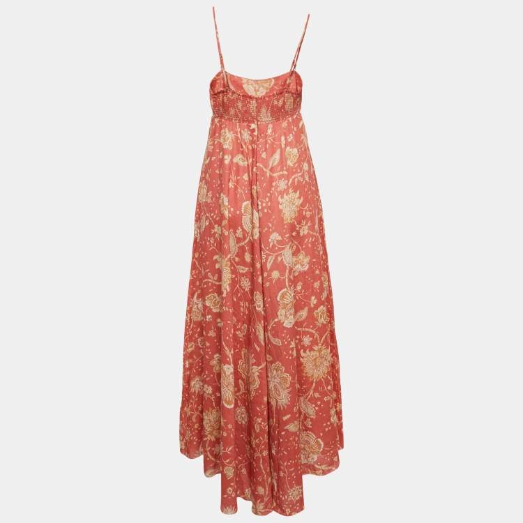 Pre Owned Zimmermann Pink Floral Print Linen Flared Maxi Dress L