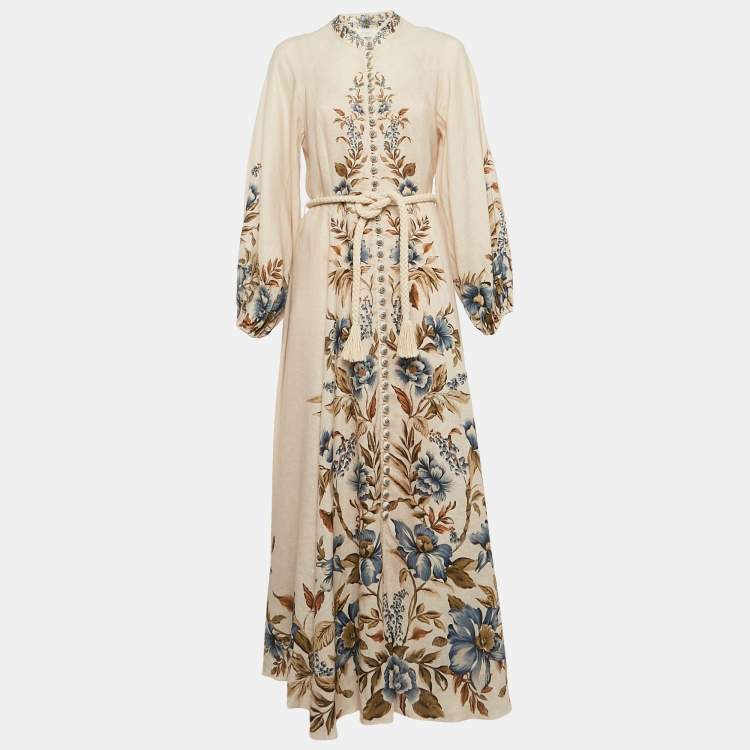 Pre Owned Zimmermann Beige Floral Print Linen Button Front Maxi Dress M