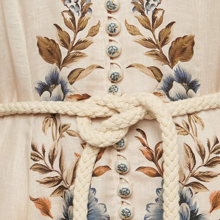 Pre Owned Zimmermann Beige Floral Print Linen Button Front Maxi Dress M