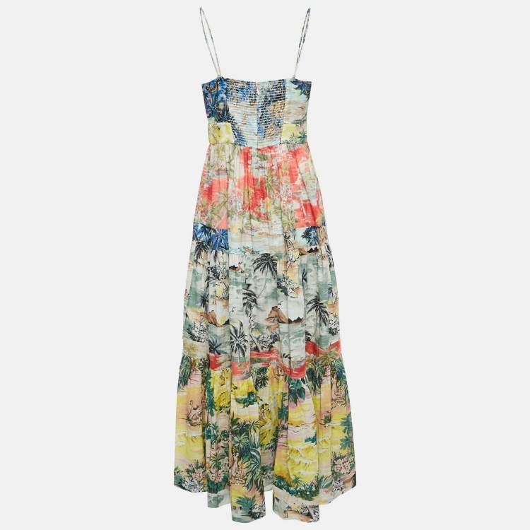 Pre Owned Zimmermann Multicolor Printed Cotton Neck Tie-Up Tiered Maxi Dress L