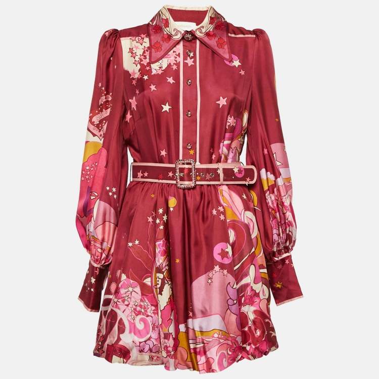 مملوكة مسبقًا Zimmermann Burgundy Concert Print Silk Belted Mini Dress M
