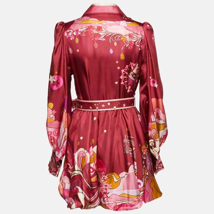 مملوكة مسبقًا Zimmermann Burgundy Concert Print Silk Belted Mini Dress M