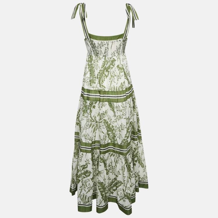 Pre Owned Zimmermann Green Leaf Print Cotton Empire Tiered Midi Dress L