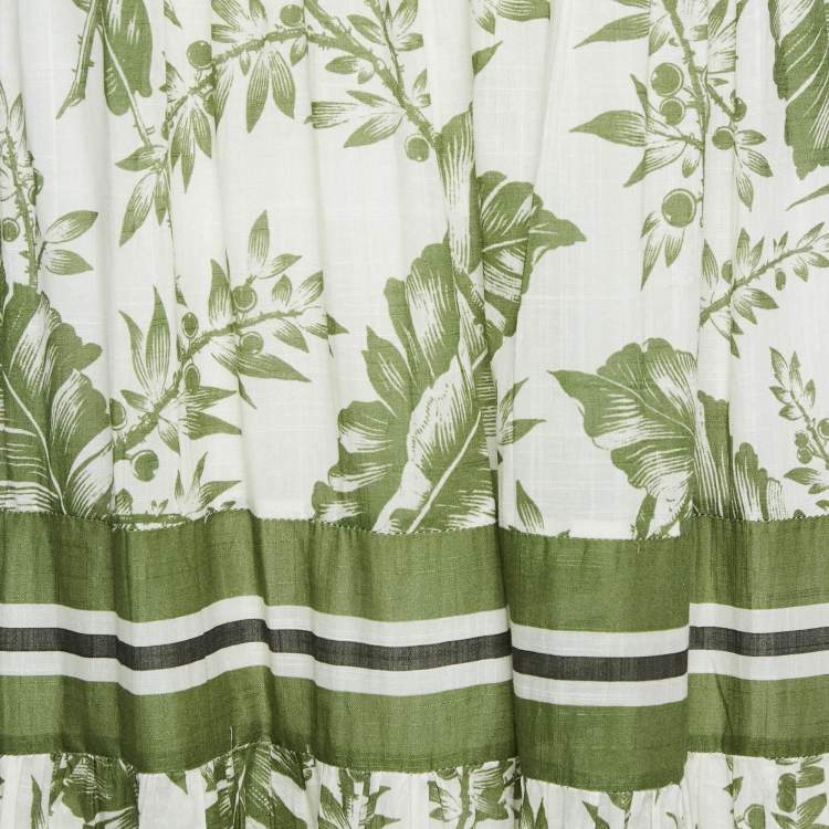 Pre Owned Zimmermann Green Leaf Print Cotton Empire Tiered Midi Dress L