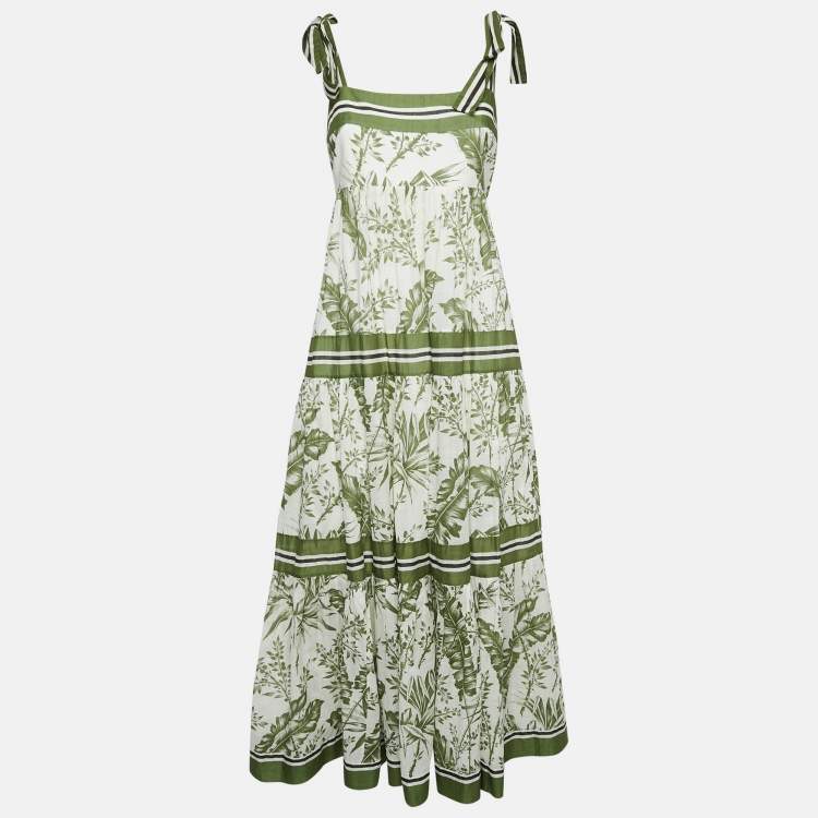 Pre Owned Zimmermann Green Leaf Print Cotton Empire Tiered Midi Dress L