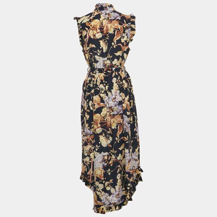 Pre Owned Zimmermann Navy Blue Floral Print Silk Ruffled Midi Dress M