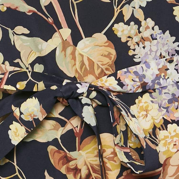 Pre Owned Zimmermann Navy Blue Floral Print Silk Ruffled Midi Dress M