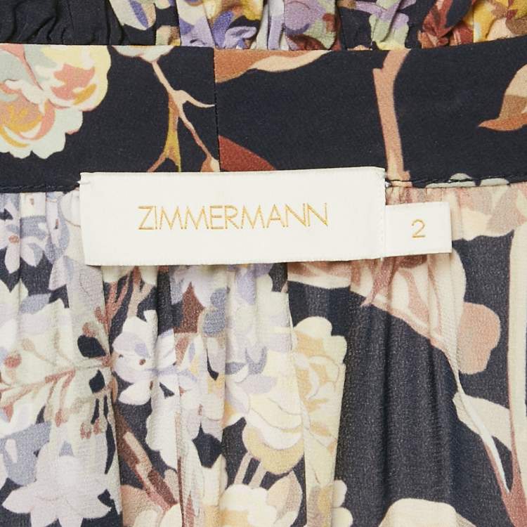 Pre Owned Zimmermann Navy Blue Floral Print Silk Ruffled Midi Dress M