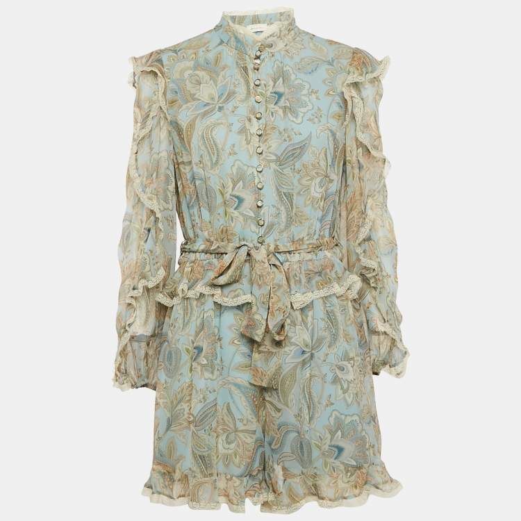 Pre Owned Zimmermann Blue Paisley Print Silk Lace Insert Playsuit L