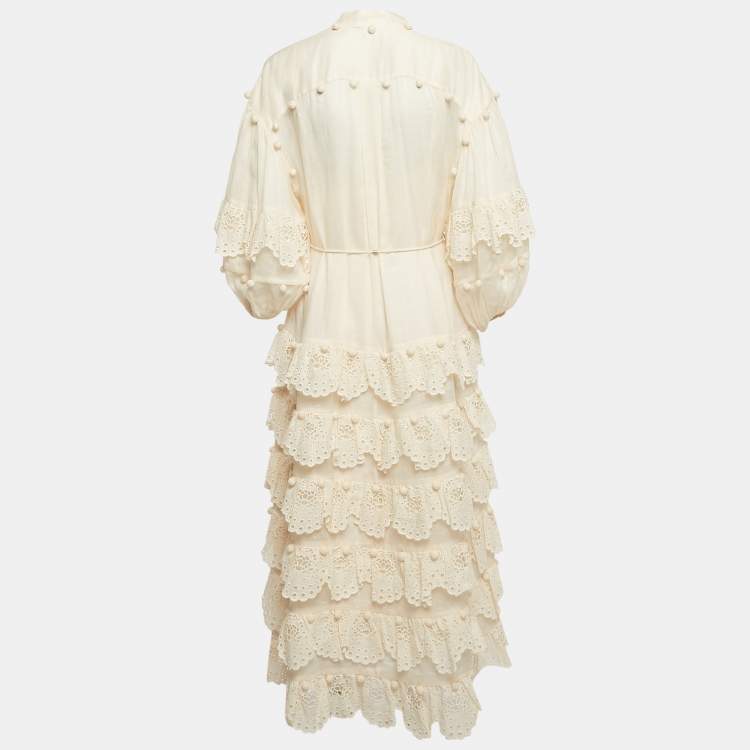 مملوكة مسبقًا Zimmermann Cream Ramie Broderie Anglaise Tiered Midi Dress M
