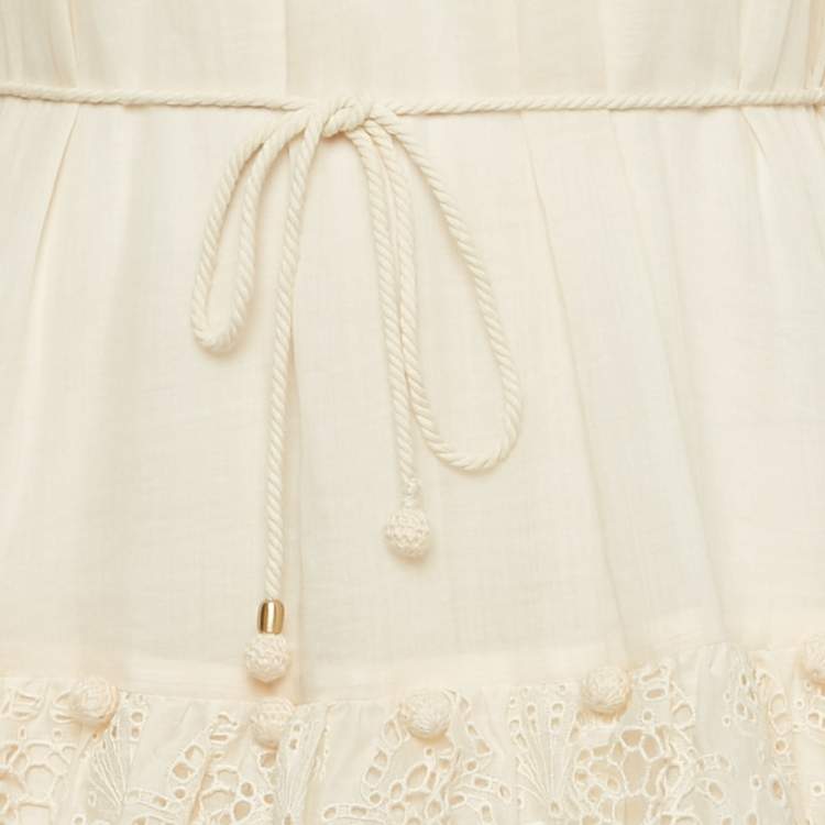 مملوكة مسبقًا Zimmermann Cream Ramie Broderie Anglaise Tiered Midi Dress M