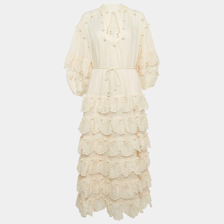 مملوكة مسبقًا Zimmermann Cream Ramie Broderie Anglaise Tiered Midi Dress M
