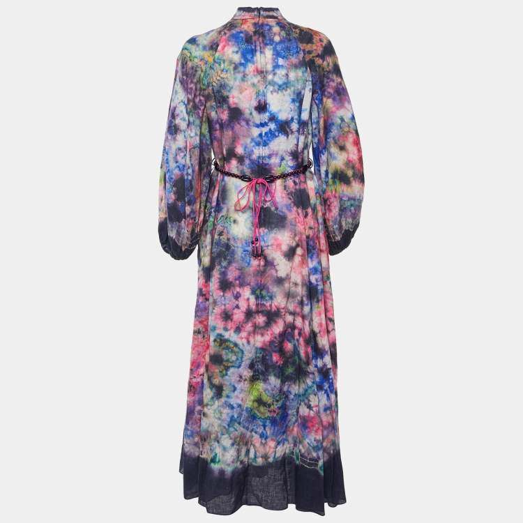 Pre Owned Zimmermann Purple Printed Linen Tropicana Billow Long Dress L