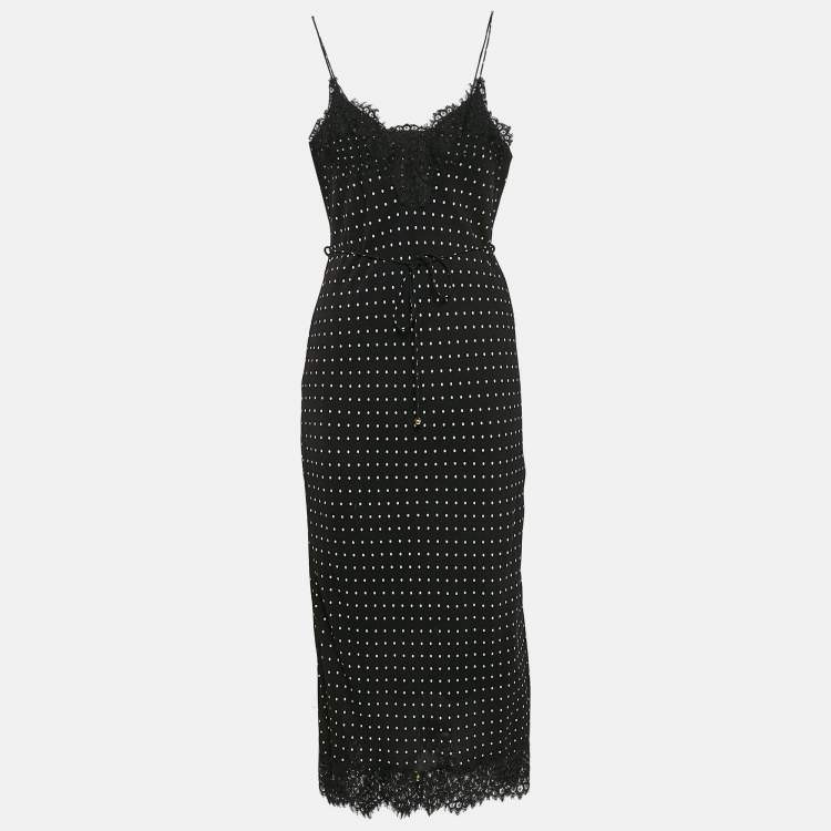 Pre Owned Zimmermann Black Polka Dots Print Silk Lace Trim Slip Midi Dress S