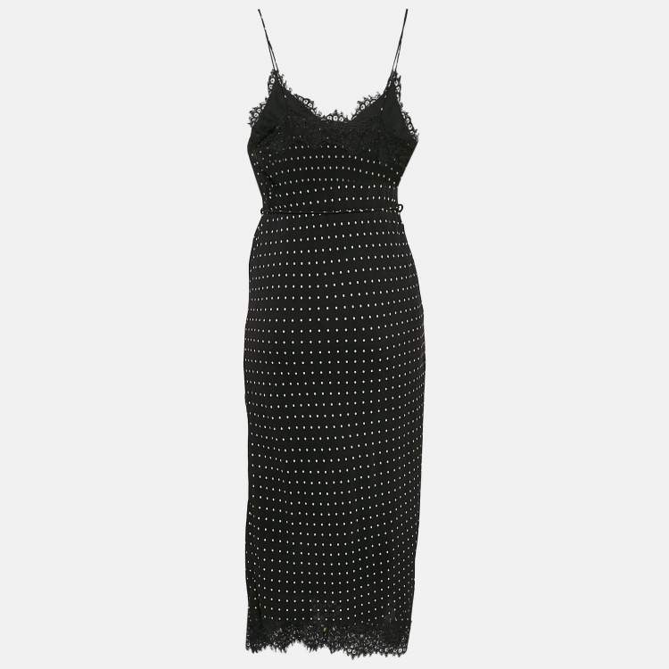 Pre Owned Zimmermann Black Polka Dots Print Silk Lace Trim Slip Midi Dress S