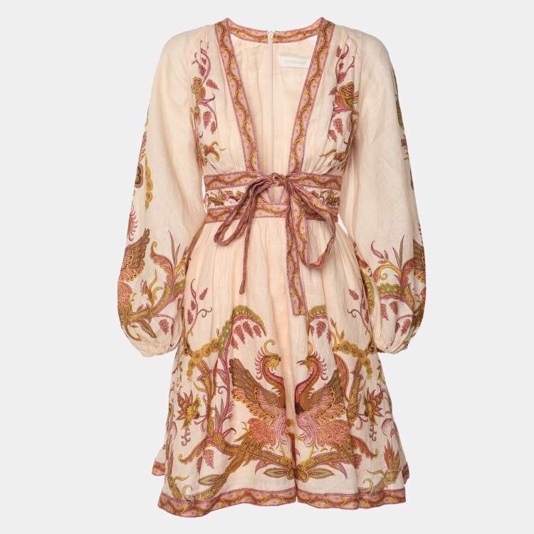 Pre Owned Zimmermann Multicolor Linen Lantern Belted Mini Dress S