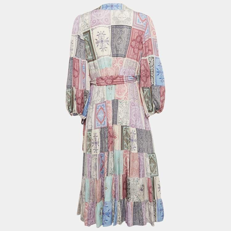 مملوكة مسبقًا Zimmermann Lavender Bandana Print Crepe Tiered Midi Wrap Dress L