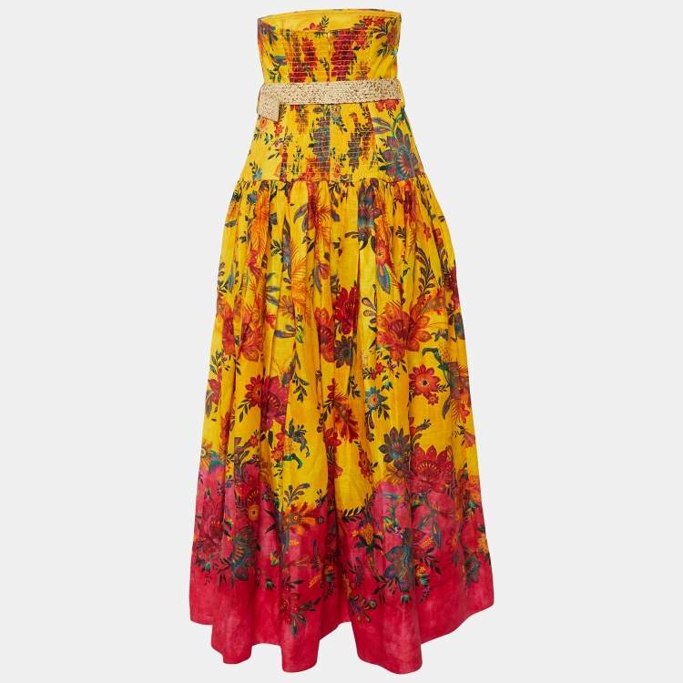 Pre Owned Zimmermann Yellow Floral Print Linen Ginger Strapless Long Dress L