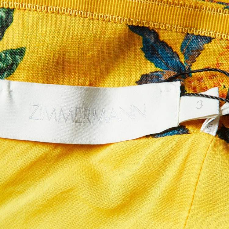 Pre Owned Zimmermann Yellow Floral Print Linen Ginger Strapless Long Dress L