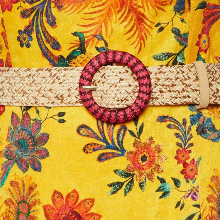 Pre Owned Zimmermann Yellow Floral Print Linen Ginger Strapless Long Dress L