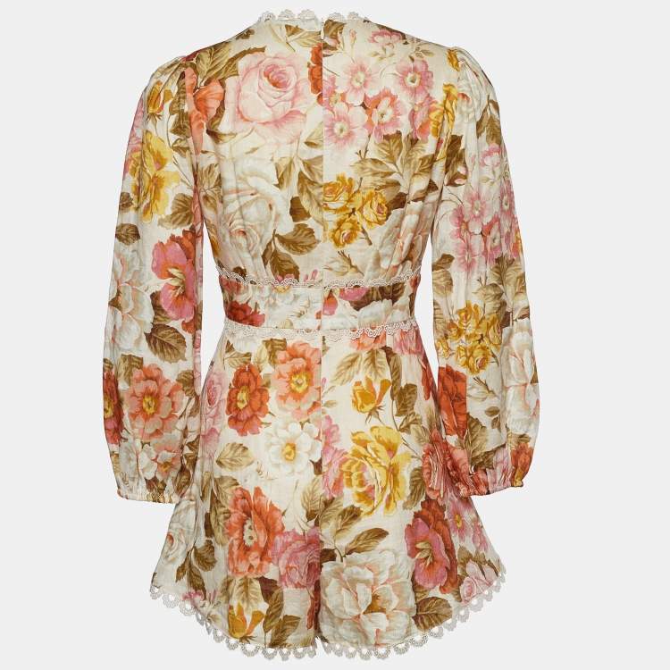 Pre Owned Zimmermann Beige Floral Print Lace Trimmed V-Neck Heathers Playsuit M