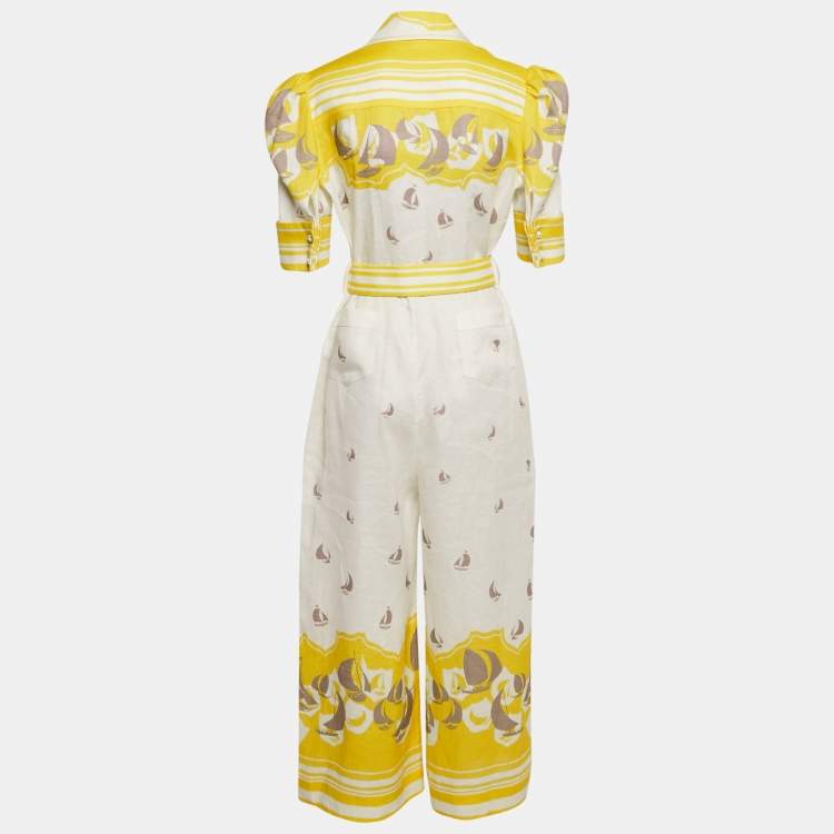 Pre Owned Zimmermann White/Yellow Sail Boat Print Linen Jumpsuit M