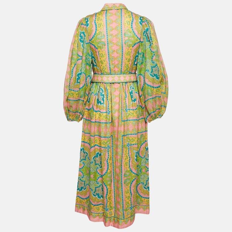 مملوكة مسبقًا Zimmermann Multicolor Printed Linen Belted Midi Dress M