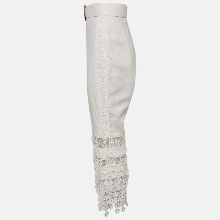 Pre Owned Zimmermann White Linen Lace Trimmed High Tide Nautical Pants L