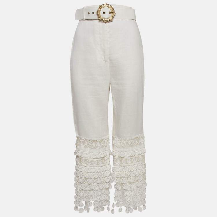 Pre Owned Zimmermann White Linen Lace Trimmed High Tide Nautical Pants L