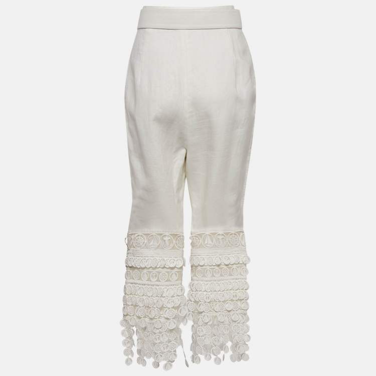 Pre Owned Zimmermann White Linen Lace Trimmed High Tide Nautical Pants L