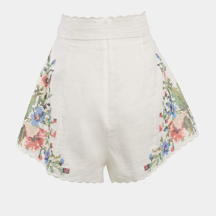 Pre Owned Zimmermann White Cross-Stitch Embroidery Linen Short M