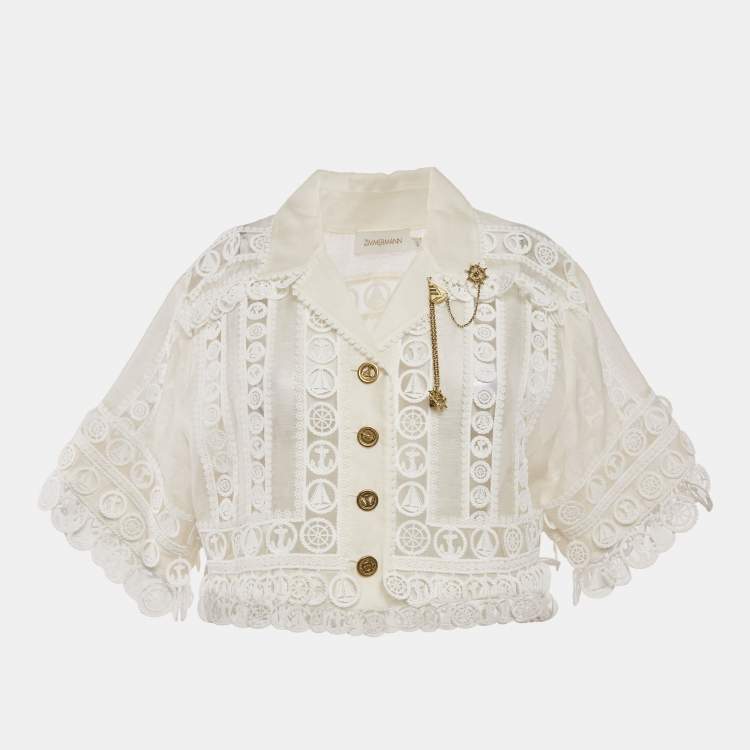 Pre Owned Zimmermann White Linen High Tide Nautical Cropped Jacket M