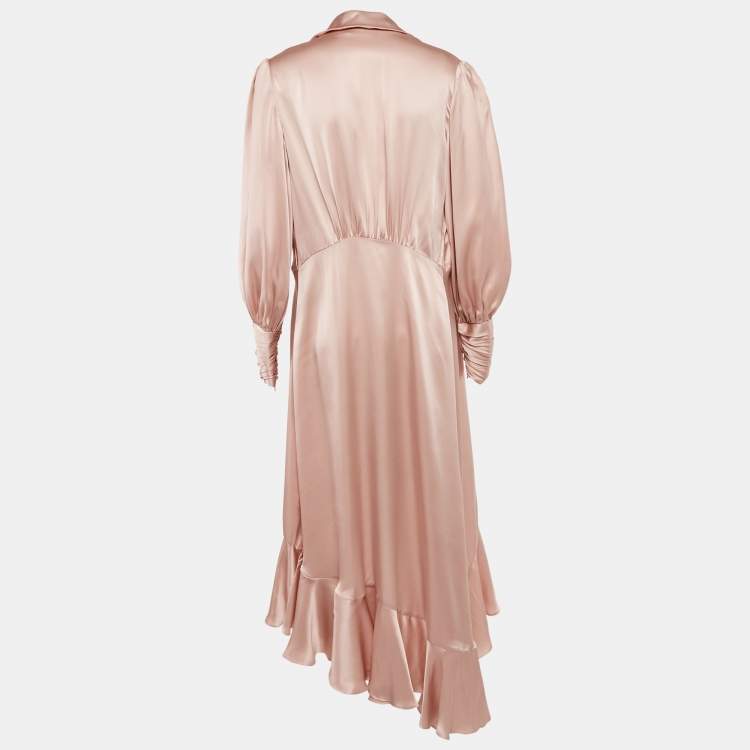 Pre Owned Zimmermann Pink Satin Silk Ruffled Wrap Dress M