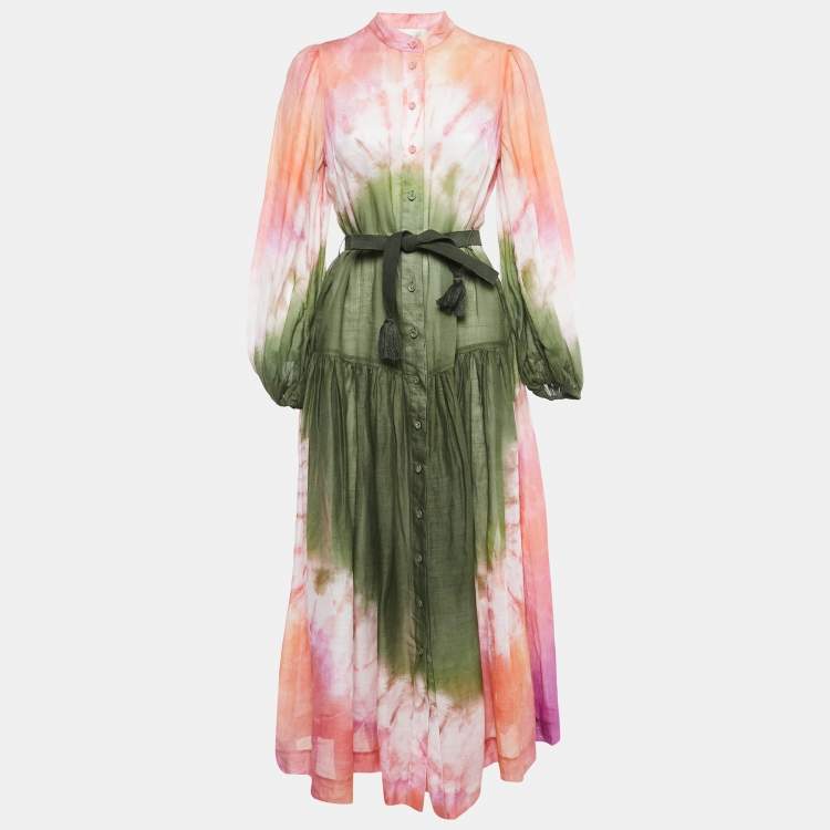 Pre Owned Zimmermann Multicolor Tie-Dye Print Ramie Button Front Maxi Dress S