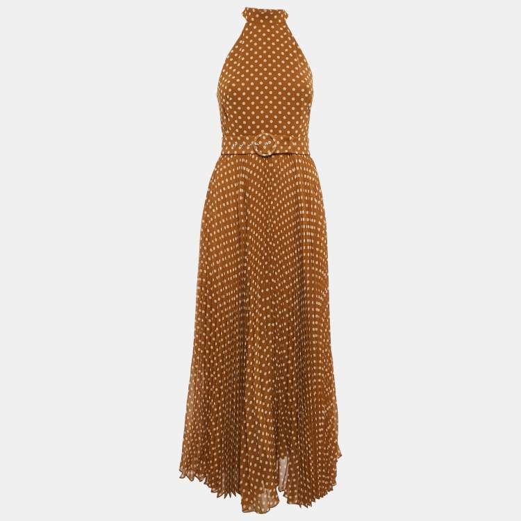 Pre Owned Zimmermann Brown Polka Dot Print Crepe Pleated Halter Neck Long Dress XS