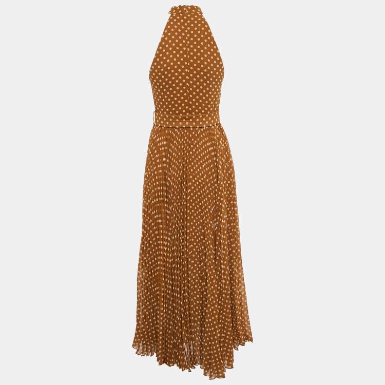 Pre Owned Zimmermann Brown Polka Dot Print Crepe Pleated Halter Neck Long Dress XS