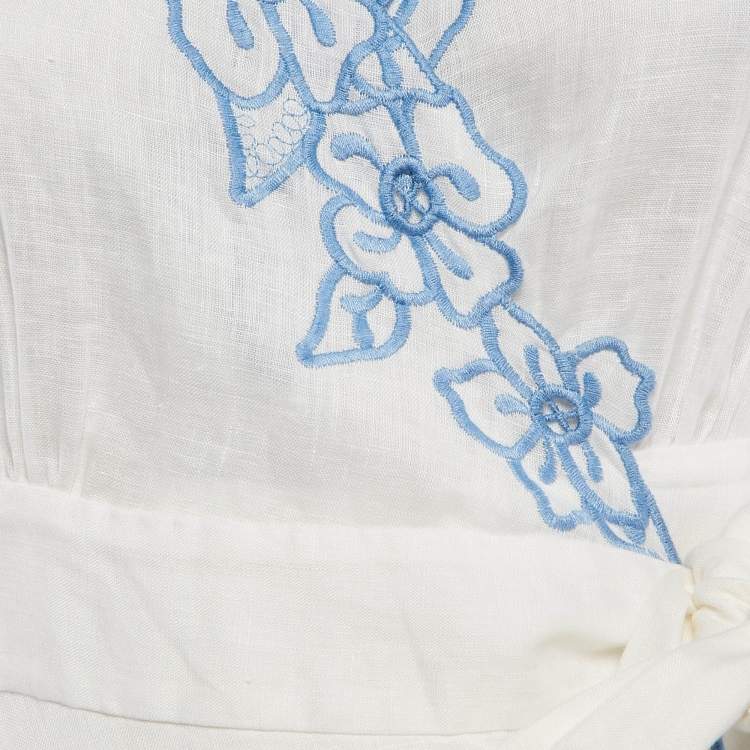 Pre Owned Zimmermann White Floral Embroidery Linen Mini Wrap Dress XS