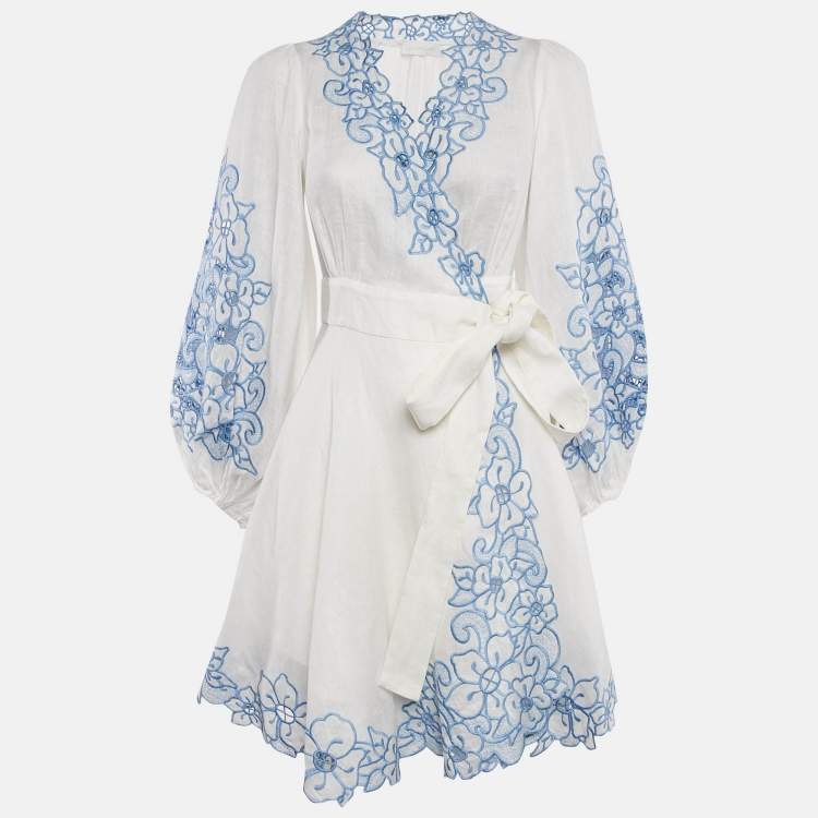 Pre Owned Zimmermann White Floral Embroidery Linen Mini Wrap Dress XS