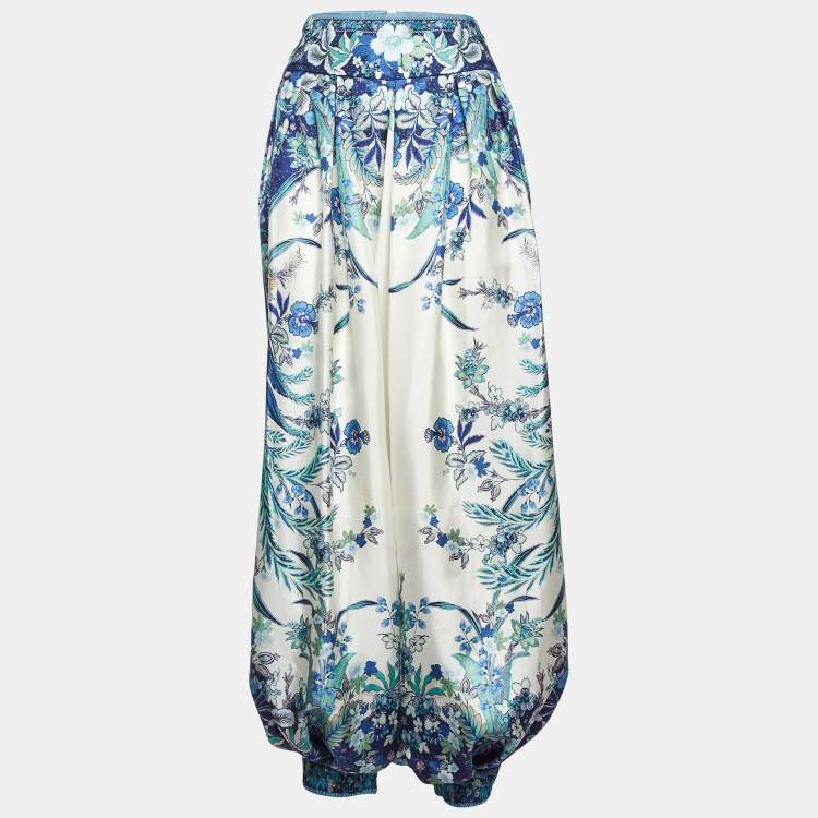 Pre Owned Zimmermann Blue Floral Print Silk Glassy Harem Pants L 