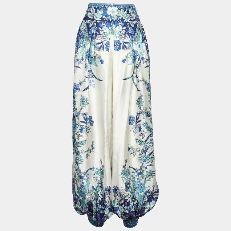 Pre Owned Zimmermann Blue Floral Print Silk Glassy Harem Pants L 