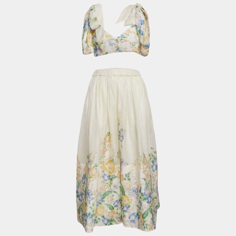 Pre Owned Zimmermann White Floral Print Linen Blend Top and Skirt Set M