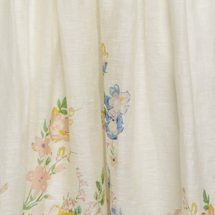 Pre Owned Zimmermann White Floral Print Linen Blend Top and Skirt Set M