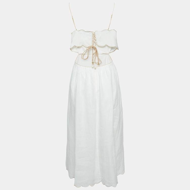 Pre Owned Zimmermann White Linen Lace-Up Detail Cut-Out Midi Dress XL