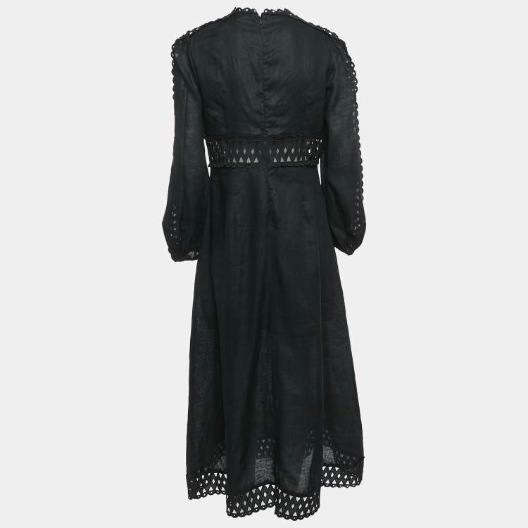 Pre Owned Zimmermann Black Eyelet Lace Trim Linen Midi Dress M