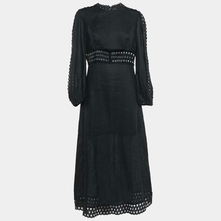 Pre Owned Zimmermann Black Eyelet Lace Trim Linen Midi Dress M